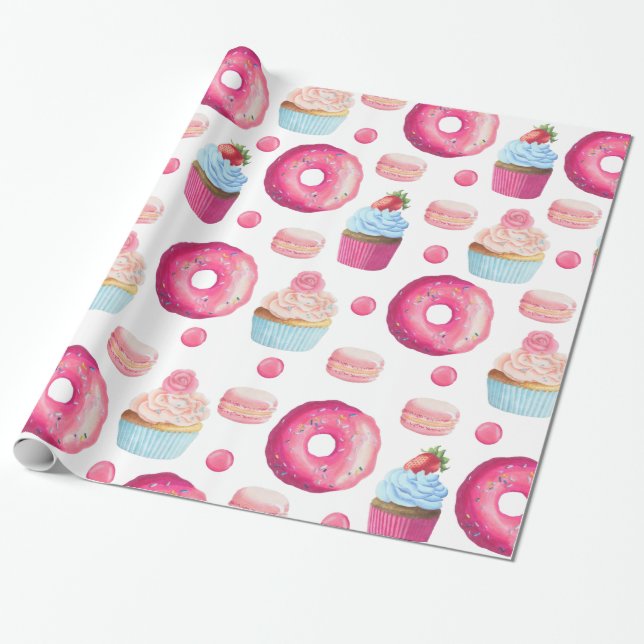 Papel De Presente Deliciosas Rosquinhas Cor-de-Rosa e Bolinhos em Br (Desenrolado)