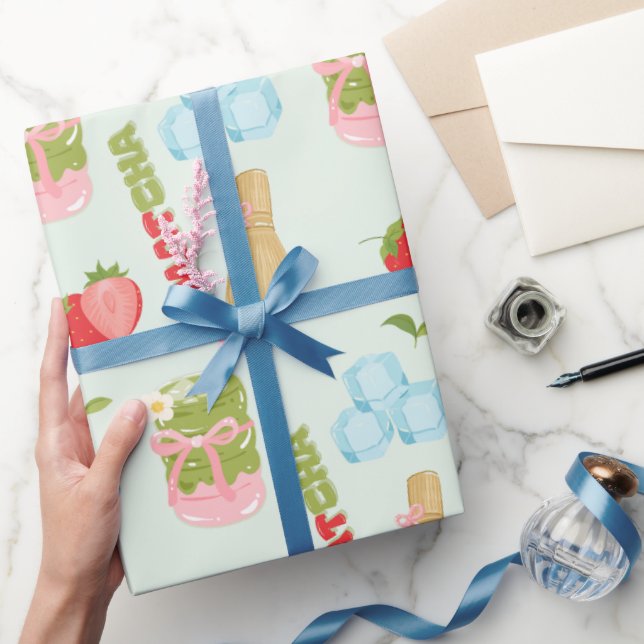 Papel De Presente Delicioso Matcha de Morango com Fita (Presentear)