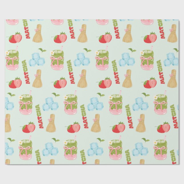 Papel De Presente Delicioso Matcha de Morango com Fita  (Aberto)