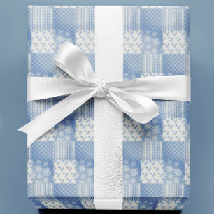 Papel De Presente Denim Azul Vintage Branco Cremoso Patchwork 