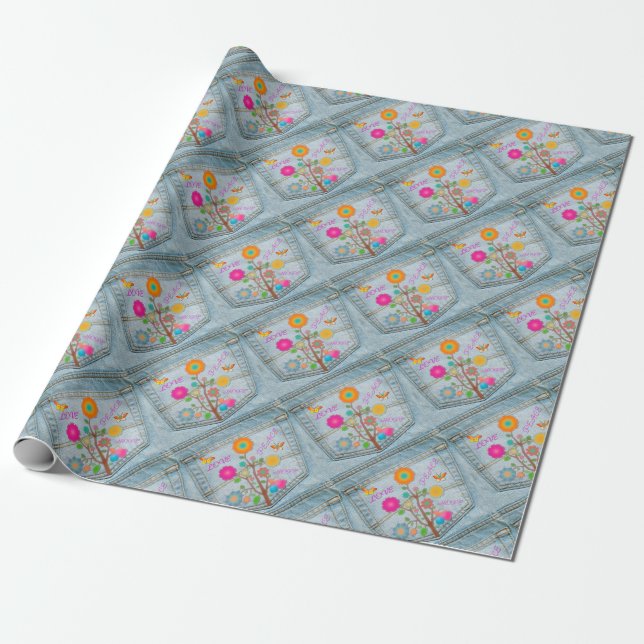 Papel De Presente Denim Back Pocket Flores Paz Esperança (Desenrolado)