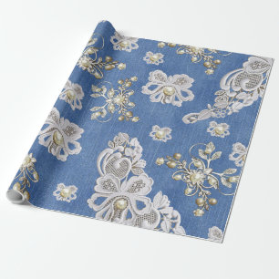 Papel De Presente Denim Texturizado Lace e Pérolas