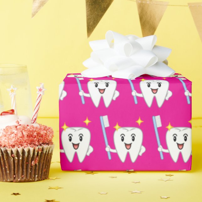 Papel De Presente Dente Feliz Com Escova de Dentes (Festa de aniversário)