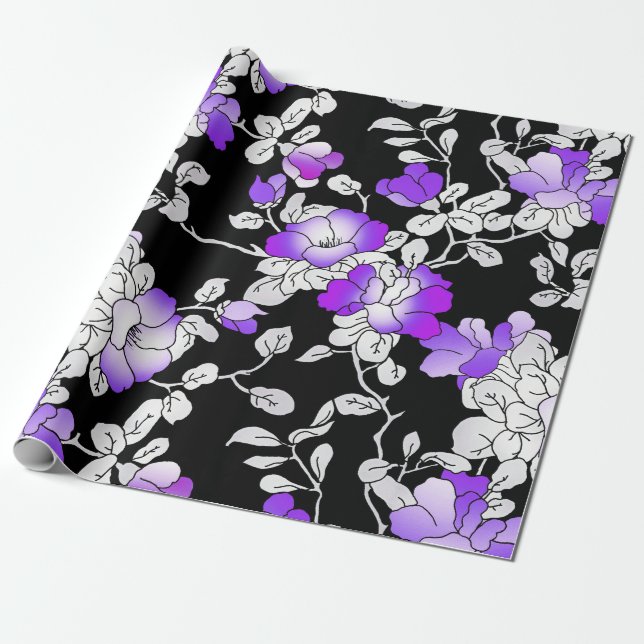 Papel De Presente Descamação Floral Preta Violeta-Púrpura Elegante (Desenrolado)