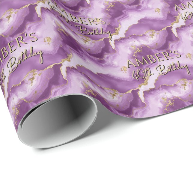 Papel De Presente Desenho Abstrato de Mármore em Dourado Roxo (Ponta do rolo)