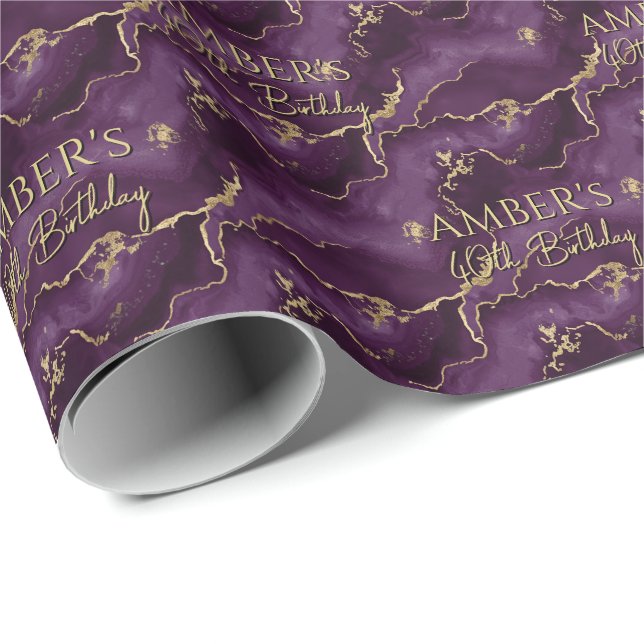 Papel De Presente Desenho Abstrato de Mármore em Dourado Roxo (Ponta do rolo)