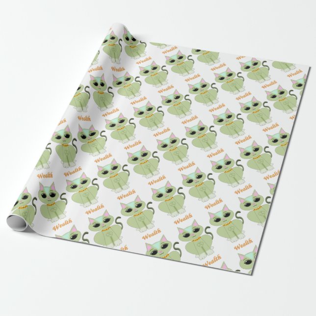 Papel De Presente Desenho animado de gato fofo verde (Desenrolado)