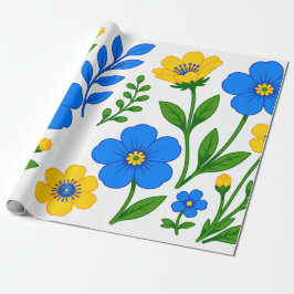 Papel De Presente Desenho Botânico Floral Azul e Amarelo