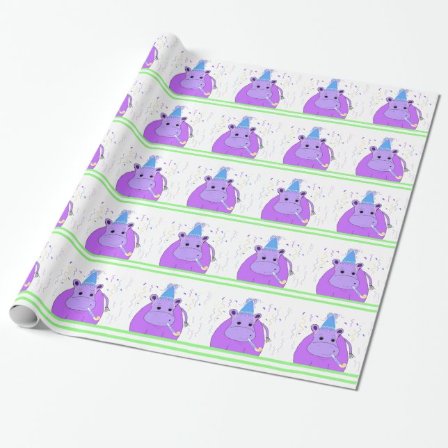 Papel De Presente Desenho de Aniversário de Hipopótamo Roxo (Desenrolado)