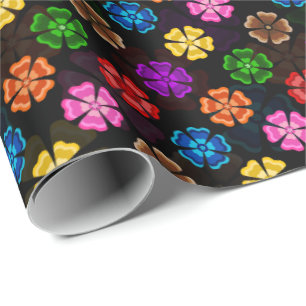 Papel De Presente Desenho de Flores Arco-Íris Colorido Retro Preto