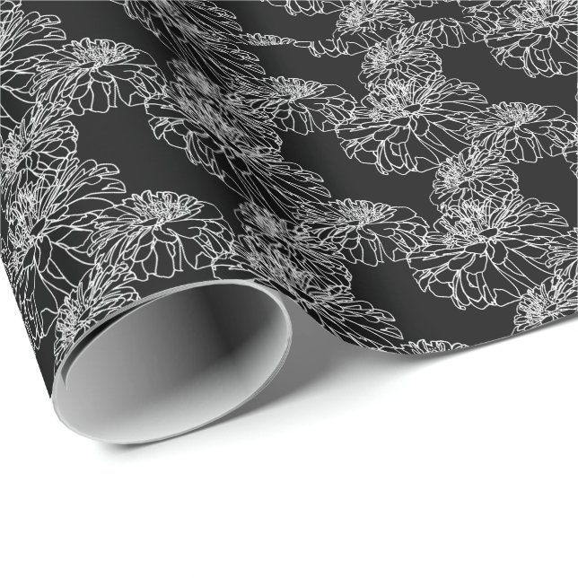 Papel De Presente Desenho de linha floral preto mínimo (Ponta do rolo)