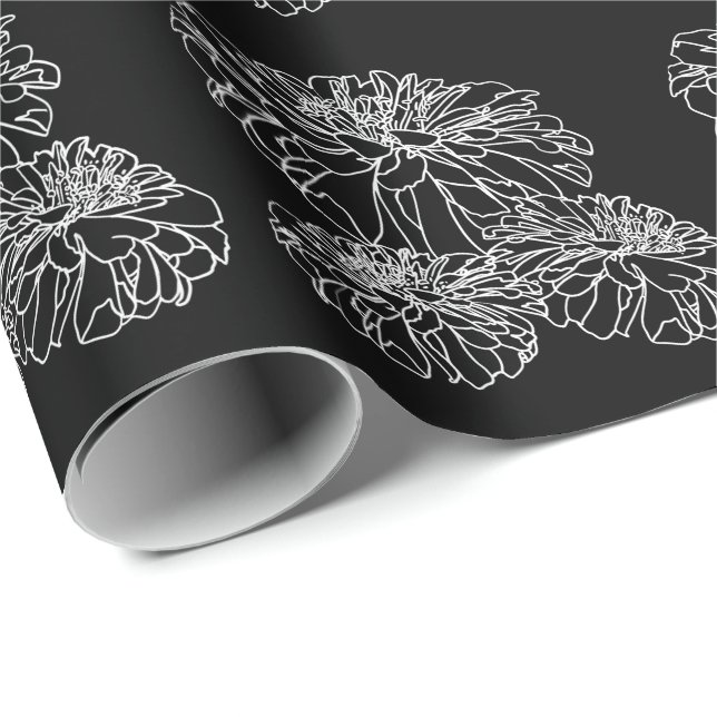 Papel De Presente Desenho de linha floral preto mínimo (Ponta do rolo)