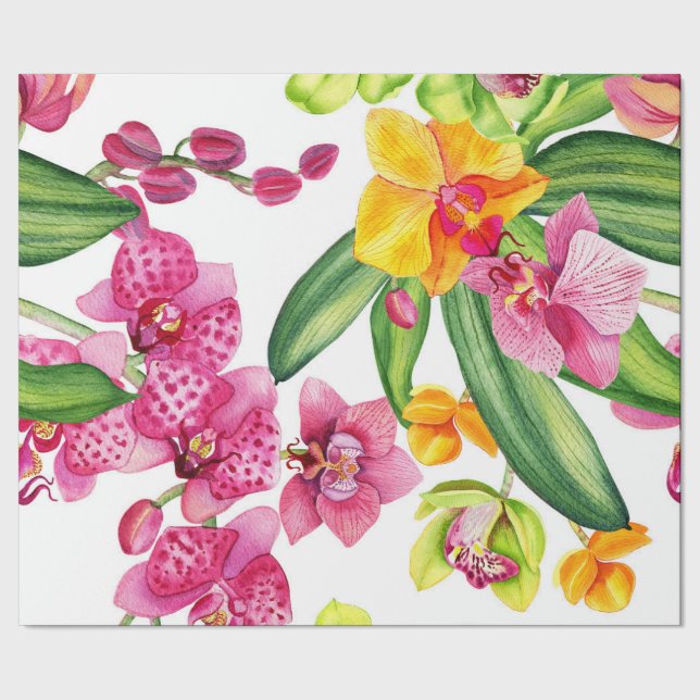 Papel De Presente Desenho de Orquídeas em Aquarela 18 (Barra)