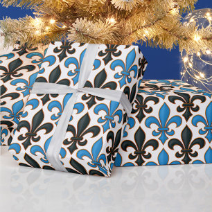 Papel De Presente Desenho de padrão Barroco Flor-de-lis Preto Azul 