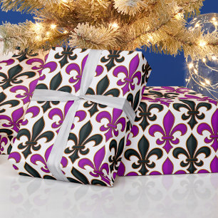 Papel De Presente Desenho de padrão Barroco Flor-de-lis Preto Roxo