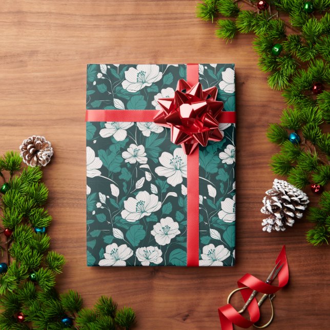 Papel De Presente Desenho de padrão contínuo floral esmeralda (Presente de Natal)