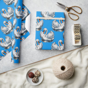 Papel De Presente Desenho de padrão de aves cisnes em verde 