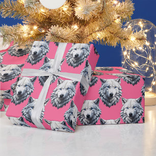 Papel De Presente Desenho de padrão de cabeça de lobo branco rosa