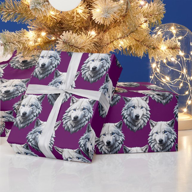 Papel De Presente Desenho de padrão de cabeça de lobo branco roxo (Criador carregado)