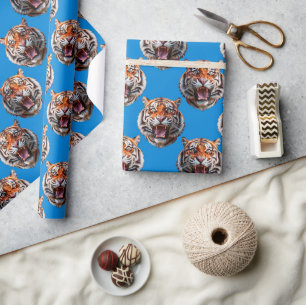 Papel De Presente Desenho de padrão de cabeça de tigre azul