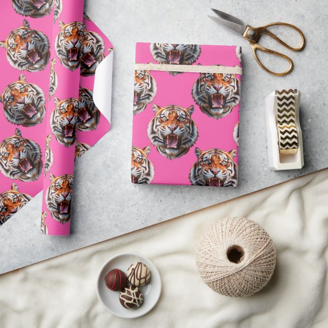 Papel De Presente Desenho de padrão de cabeça de tigre rosa (Artesanato)