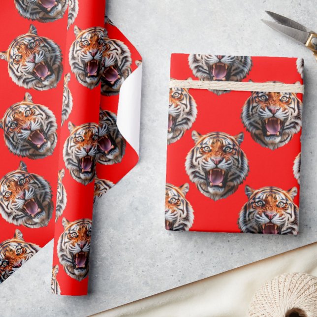 Papel De Presente Desenho de padrão de cabeça de tigre vermelho (Criador carregado)