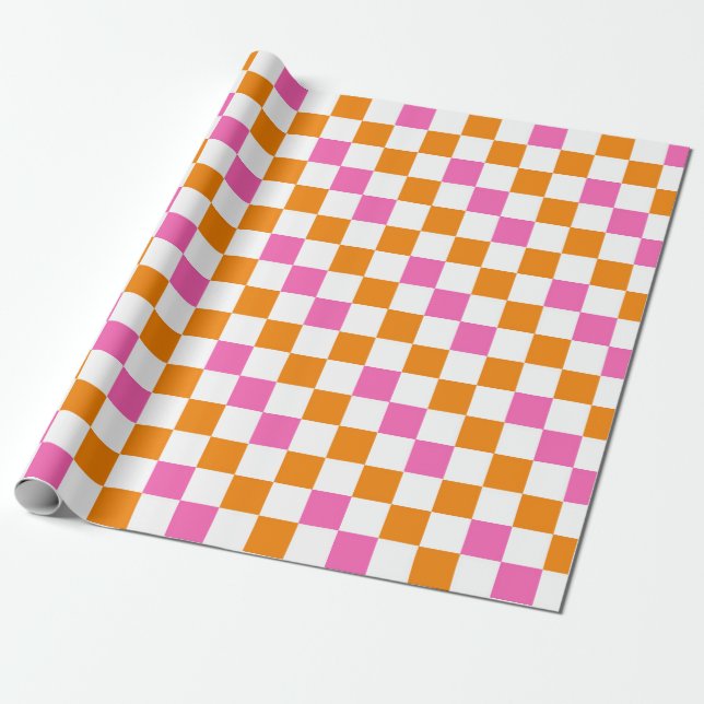 Papel De Presente Desenho de padrão xadrez laranja branco rosa (Desenrolado)