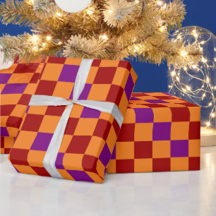 Papel De Presente Desenho de padrão xadrez laranja vermelho roxo