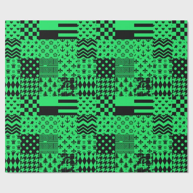 Papel De Presente Desenho de Patchwork de Padrões Mistos Verde e Pre (Aberto)