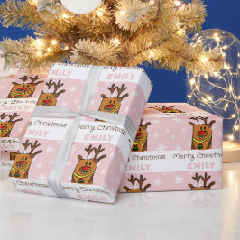 Papel De Presente Desenho de Veado Rosa Fofo Menina Natal Flocos de 