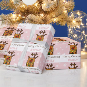 Papel De Presente Desenho de Veado Rosa Fofo Menina Natal Flocos de