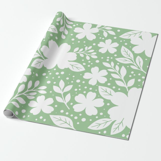 Papel De Presente Desenho Floral Branco em um Fundo Verde Suave (Desenrolado)