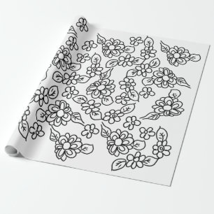 Papel De Presente Desenho floral simples, preto e branco