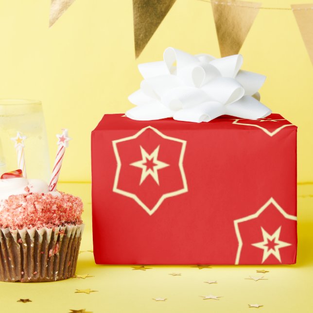 Papel De Presente Desenho Ornamental Vermelho e Dourado (Festa de aniversário)