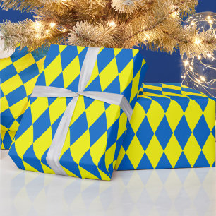 Papel De Presente Desenho Xadrez Arlequim Amarelo Azul