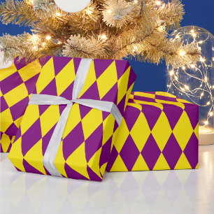 Papel De Presente Desenho Xadrez Arlequim Amarelo e Roxo