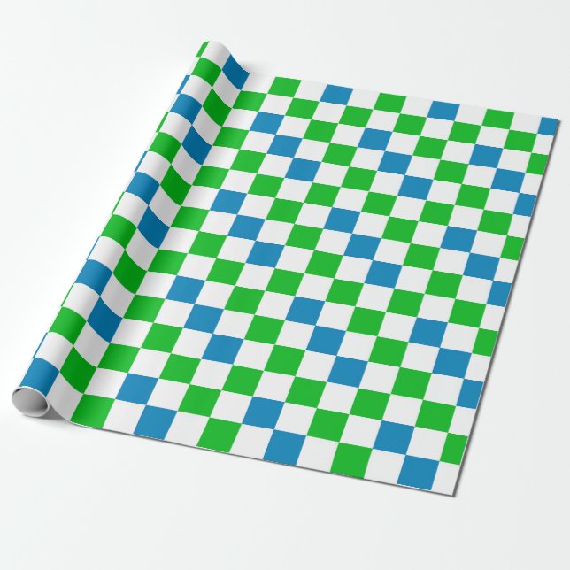 Papel De Presente Desenho Xadrez Azul Branco Verde (Desenrolado)