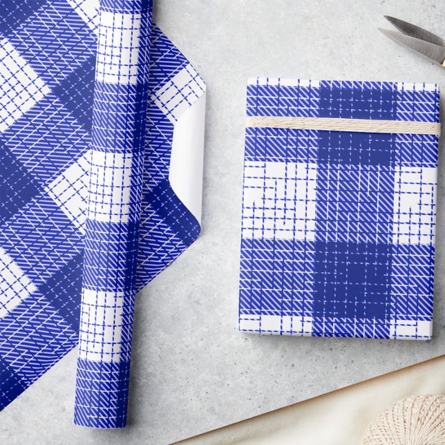 Papel De Presente Desenho Xadrez Bold Azul e Branco (Criador carregado)