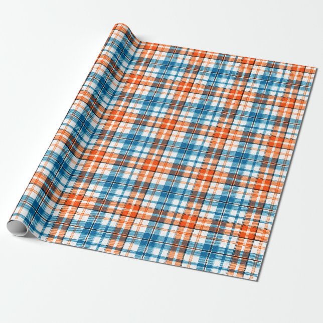 Papel De Presente Desenho Xadrez Escocês Laranja Azul Branco (Desenrolado)