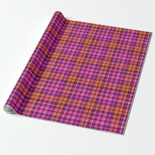 Papel De Presente Desenho Xadrez Escocês Laranja Rosa Roxo