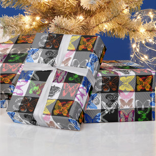 Papel De Presente Desenho Xadrez Escocês Plaid Colorido Borboleta