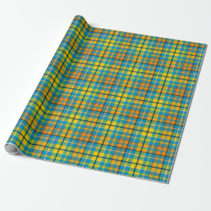 Papel De Presente Desenho Xadrez Escocês Plaid Laranja Amarelo Azul 