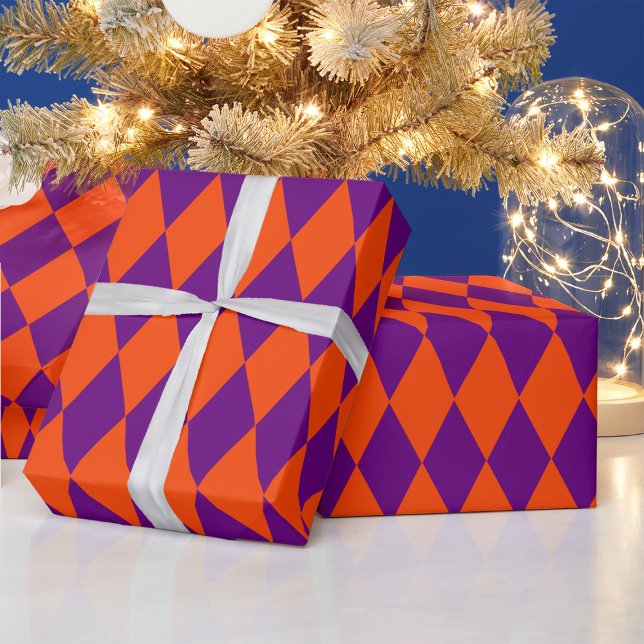 Papel De Presente Desenho Xadrez Harlequim Laranja e Roxo (Criador carregado)