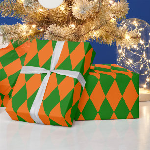Papel De Presente Desenho Xadrez Harlequim Laranja e Verde