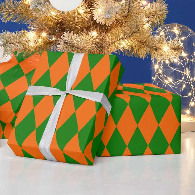 Papel De Presente Desenho Xadrez Harlequim Laranja e Verde (Criador carregado)