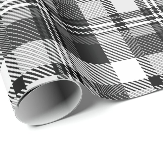 Papel De Presente Desenho Xadrez Madras Cinza Preto Branco  (Ponta do rolo)