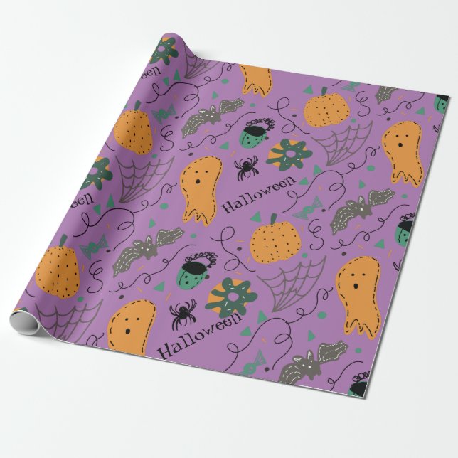 Papel De Presente Desenhos Fantasmas de Halloween Padrão Roxo (Desenrolado)