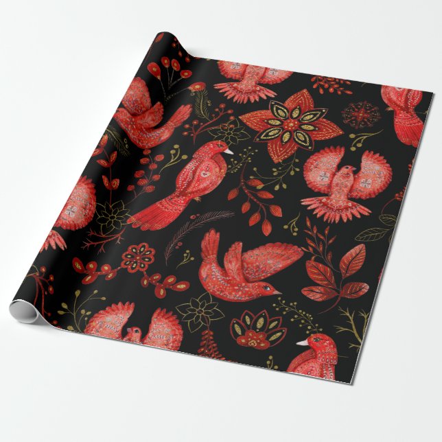 Papel De Presente Desenhos vibrantes de padrões florais e folhosos (Desenrolado)