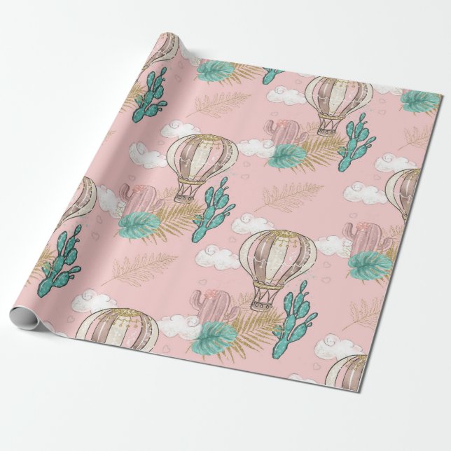 Papel De Presente Deserto tropical rosa e Dourado (Desenrolado)