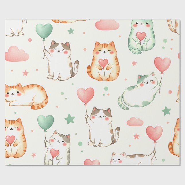 Papel De Presente Desfile de Amor Purrfeito – Gatos e Balões em Form (Aberto)